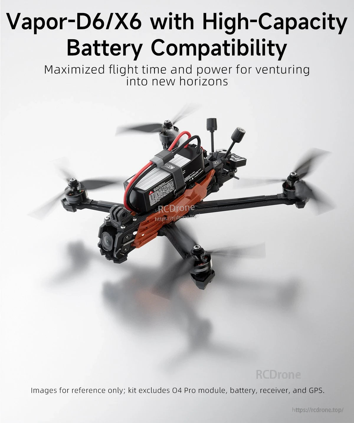 GEPRC Vapor-X6 O4 Pro WTFPV, Vapor-D6/X6 offers long flight times with high-capacity batteries; kit excludes O4 Pro, battery, receiver, and GPS.