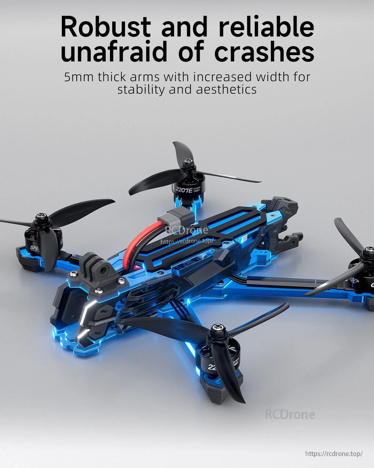 GEPRC Vapor-X6 O4 Pro WTFPV, Durable FPV racing drone with 5mm arms, blue-lit frame, black propellers—built for stability, crash resistance, and visual appeal.