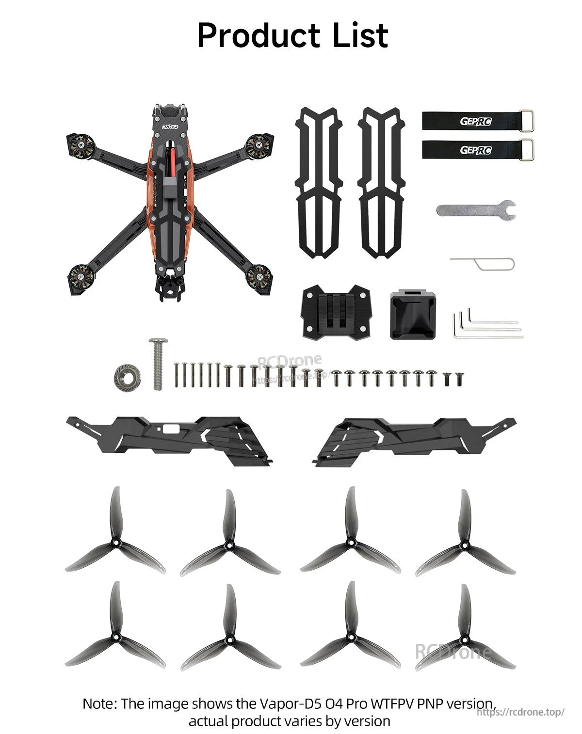 GEPRC Vapor-X6 O4 Pro WTFPV, GEPRC Vapor-D5 O4 Pro WTFPV PNP includes frame, props, screws, tools; contents vary by version.