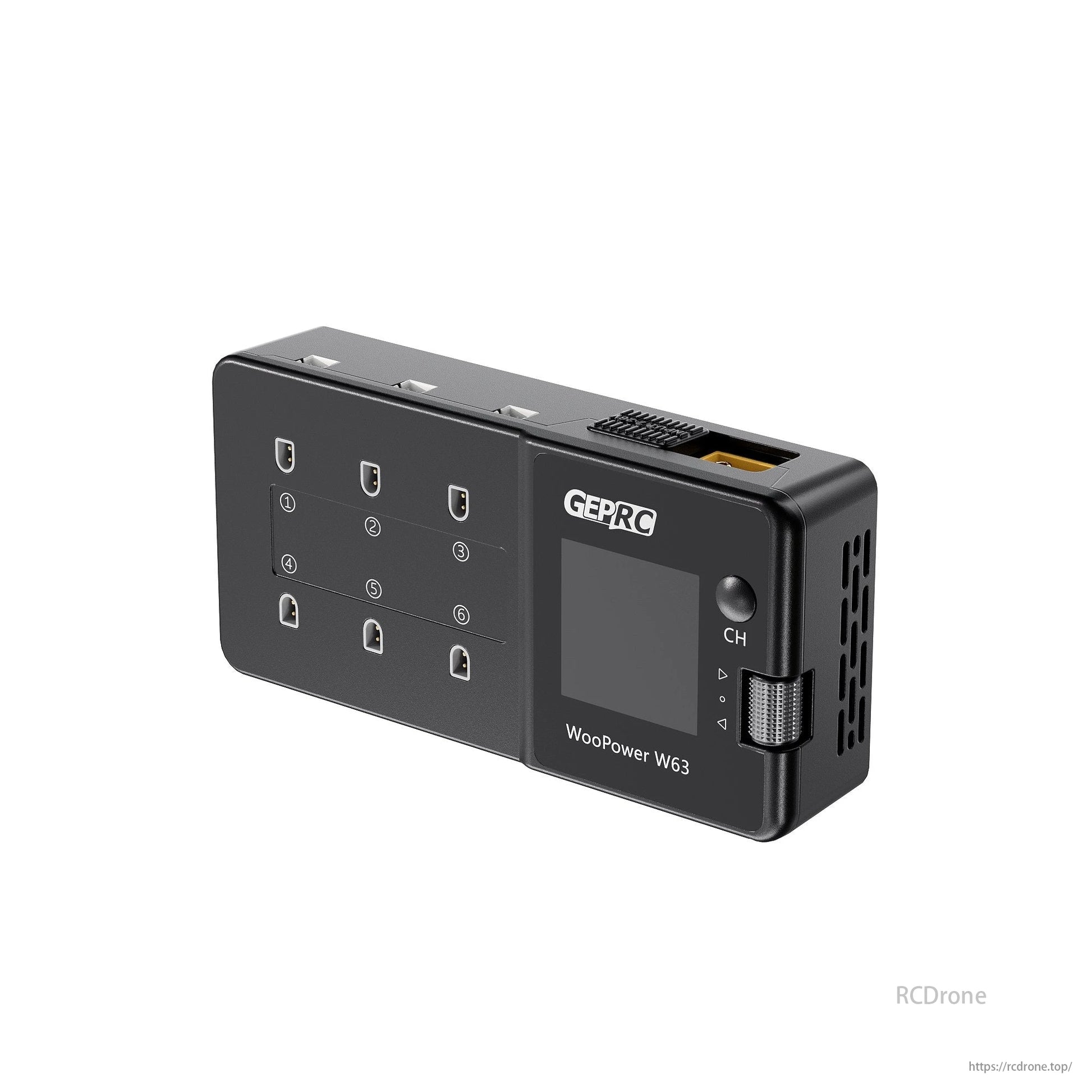 GEPRC WooPower W63 1S Smart Charger, GEPRC WooPower W63 1S, 6-port smart charger with 3A output, multiple connectors, XT60/USB-C input, and IPS display.