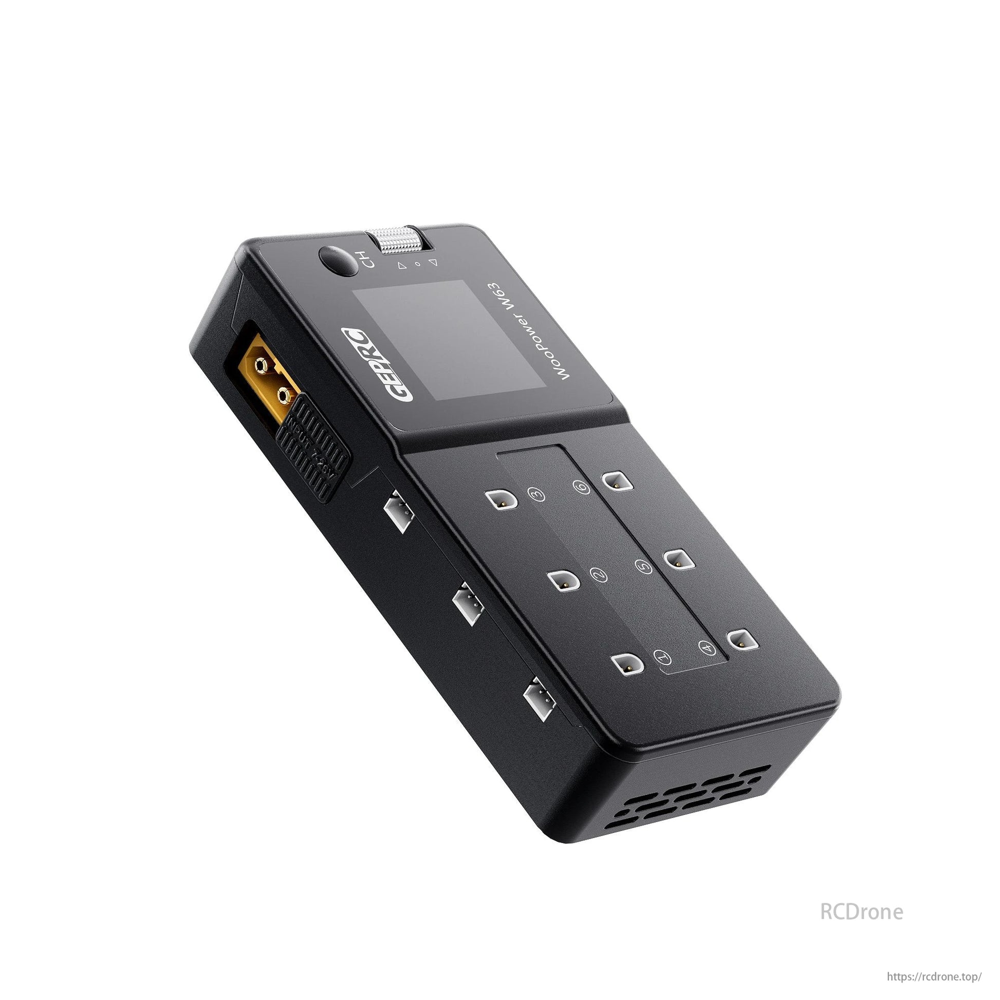 GEPRC WooPower W63 1S Smart Charger: 6 ports, 3A per channel, PH2.0/BT2.0/A30, XT60/USB-C input, IPS display.