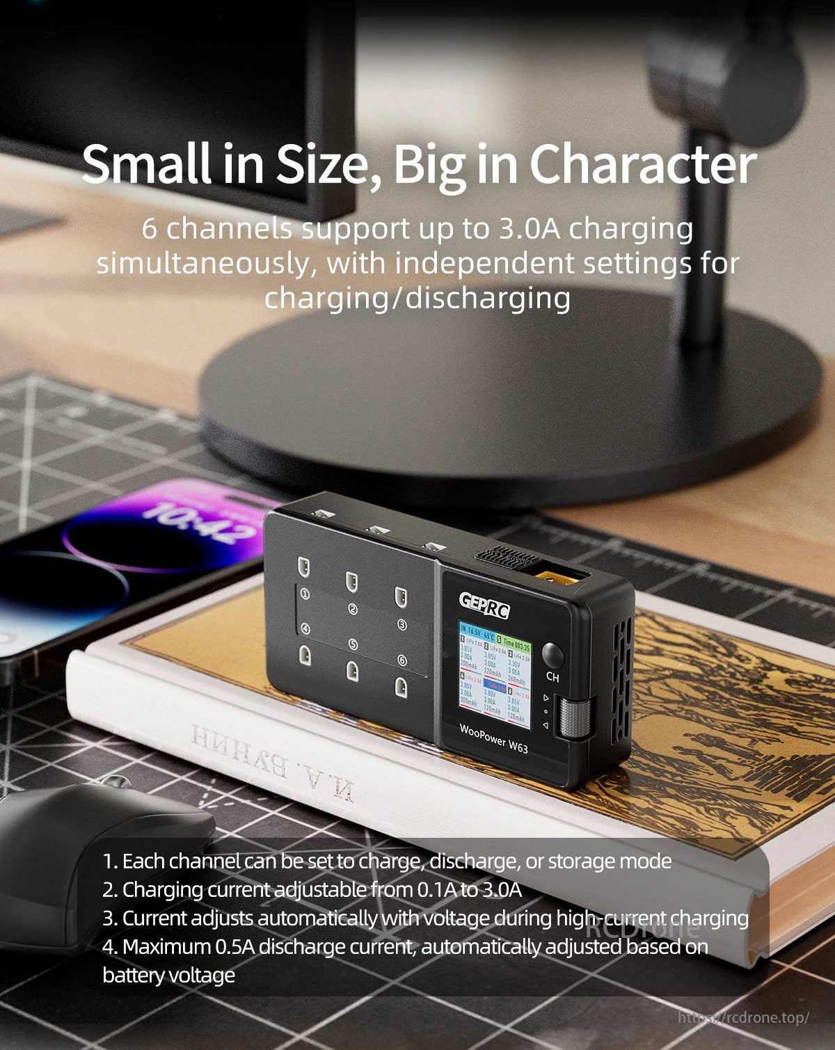 GEPRC WooPower W63 1S Smart Charger, WooPower W63 charges up to 6 devices simultaneously with adjustable current.