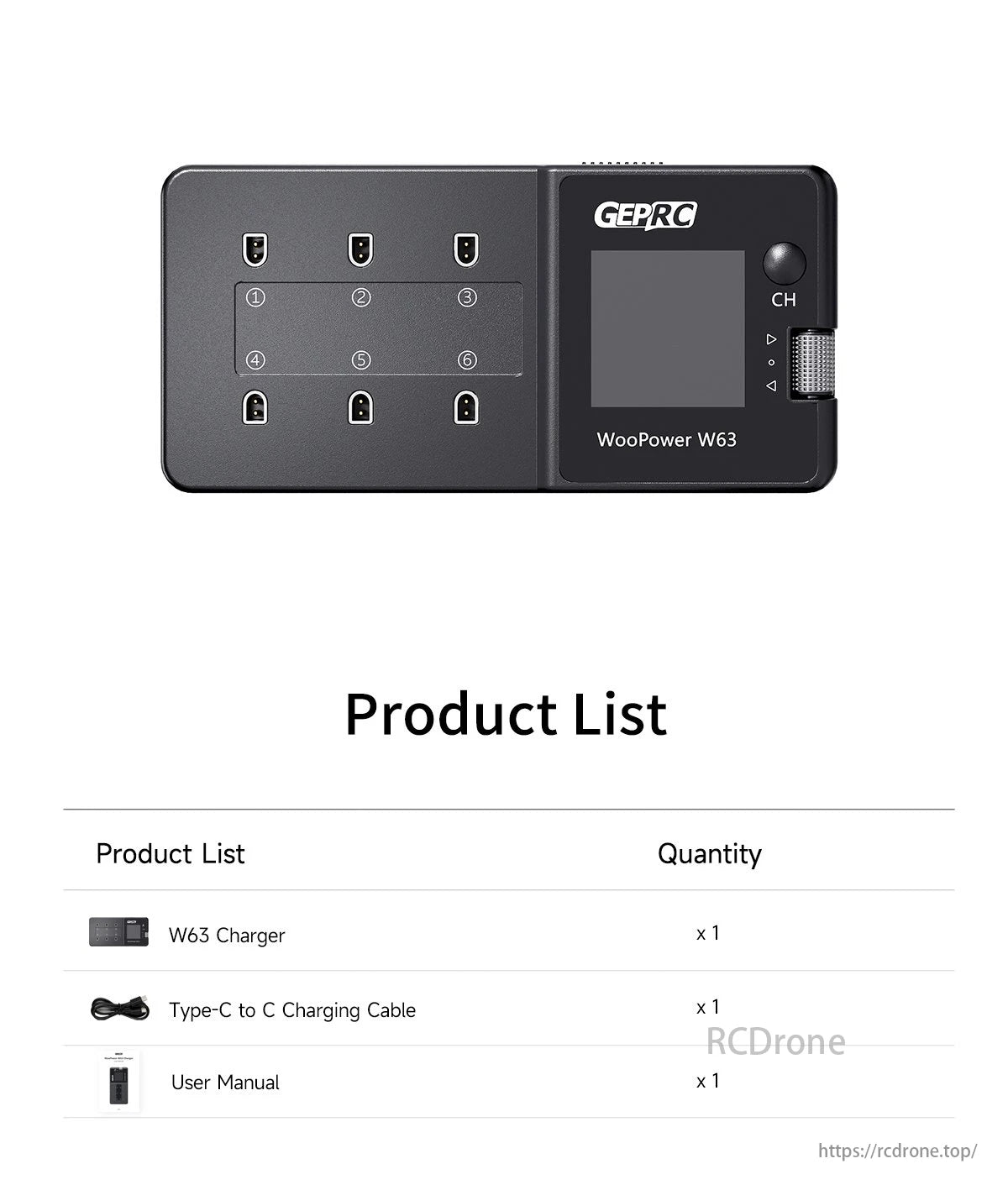 GEPRC WooPower W63 1S Smart Charger, Product image description for efficient recharging.