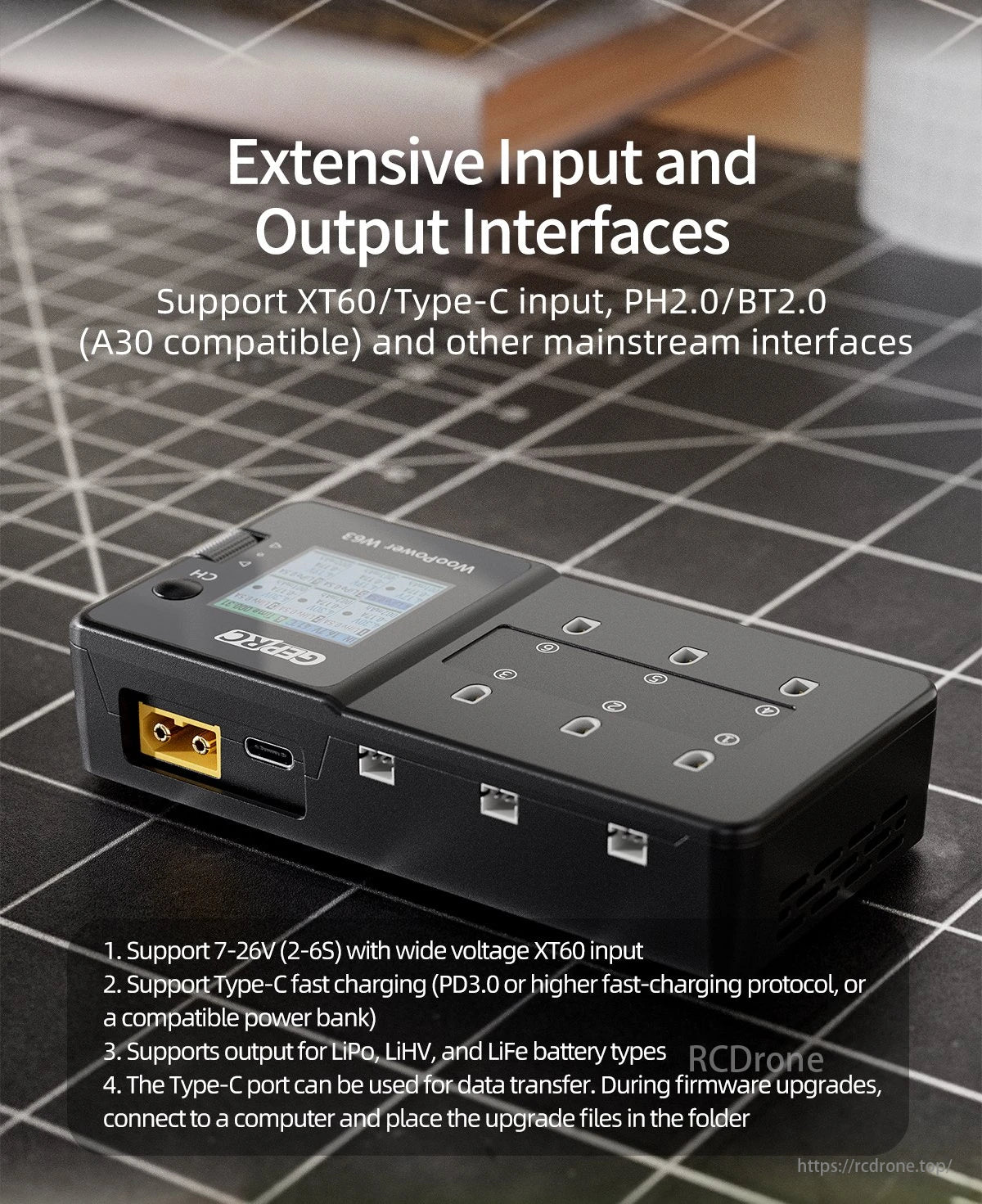 GEPRC WooPower W63 1S Smart Charger, The GEPRC WooPower W63 charger has extensive interfaces and supports a wide range of voltages from 7-26V for charging different types of batteries.