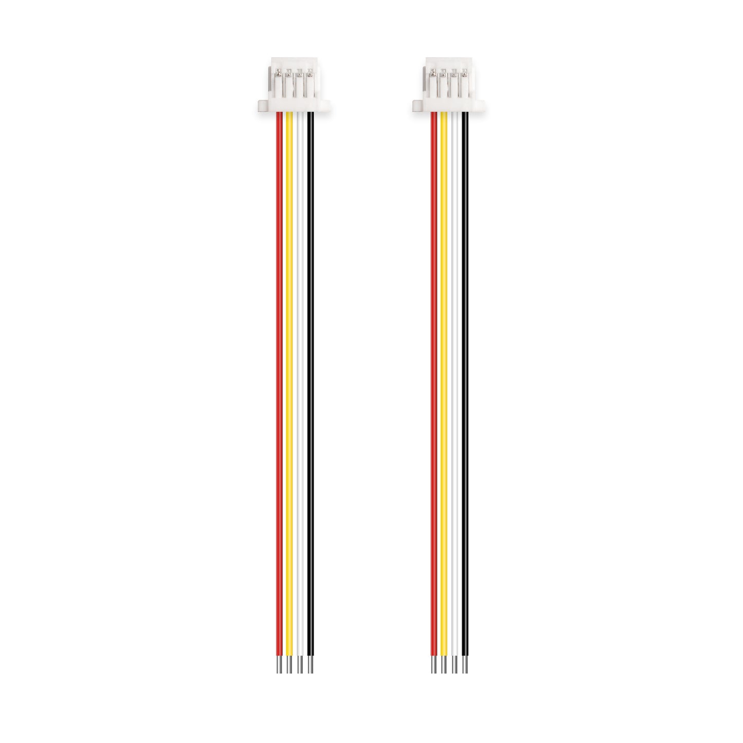 JST SH1.0 4-pin locking pigtail cable set with red, yellow, black, and white wires, 10cm length