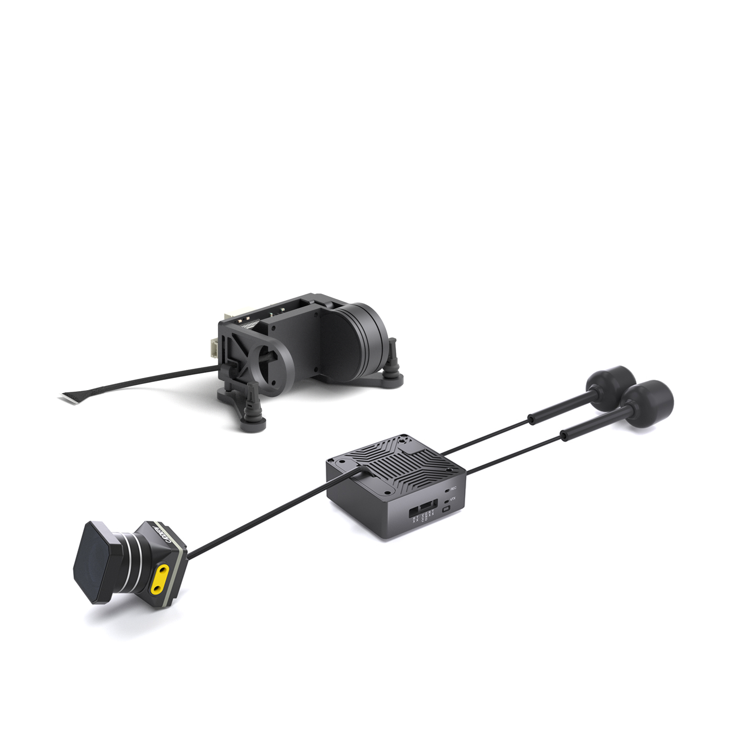 Rear/underside view of the gimbal mount with VTX module, dual antennas and cabled FPV camera