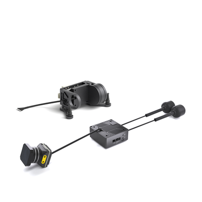 Rear/underside view of the gimbal mount with VTX module, dual antennas and cabled FPV camera