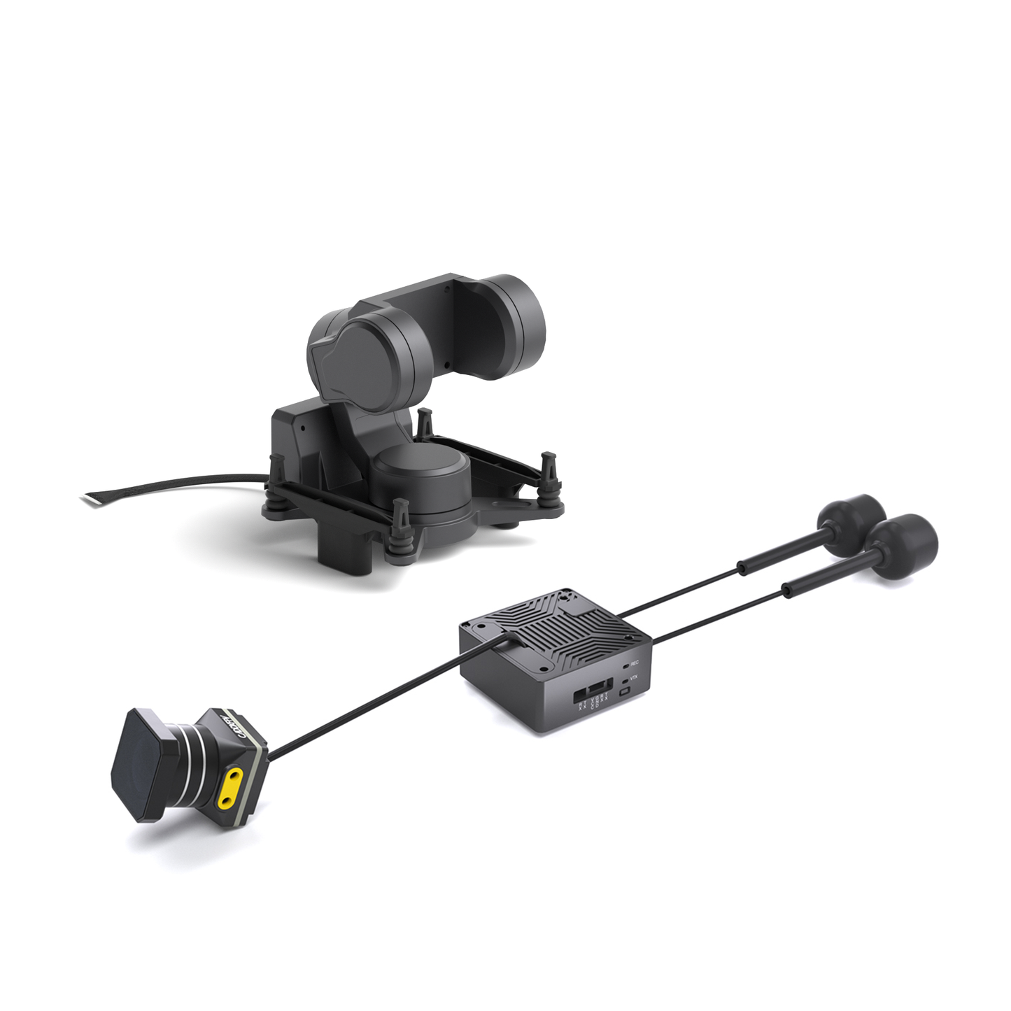 Moonlight FPV camera kit components on white background, showing gimbal unit, camera, VTX and antennas