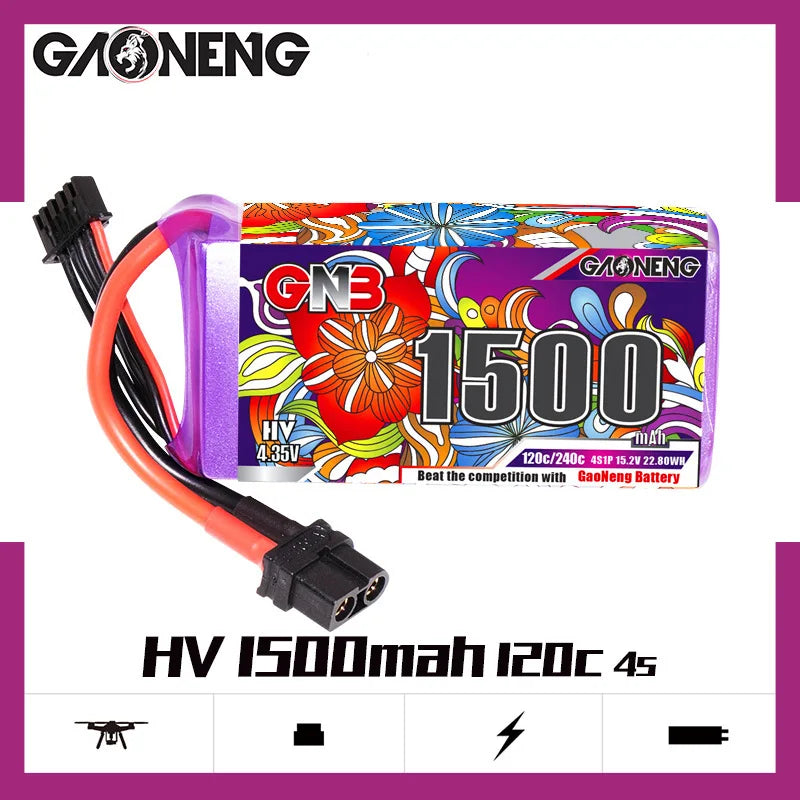 GNB 15.2V 4S Lipo Drone Battery, High voltage drone battery with 15.2V and 1500mAh capacity for heavy load applications.