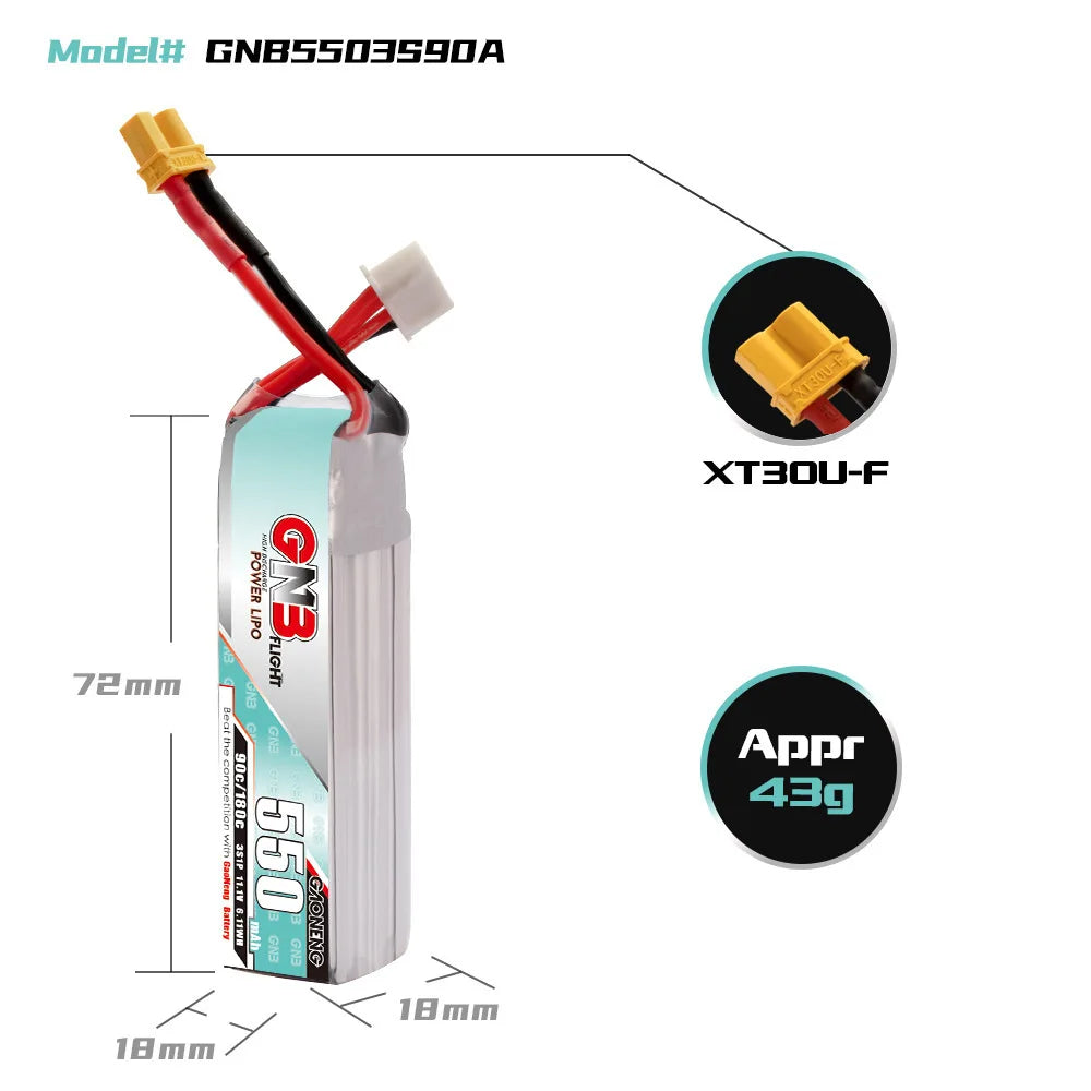 GNB 2S-11V LiPo Battery, Teranty lithium battery specifications for helicopters and remote control toys with CE certification.