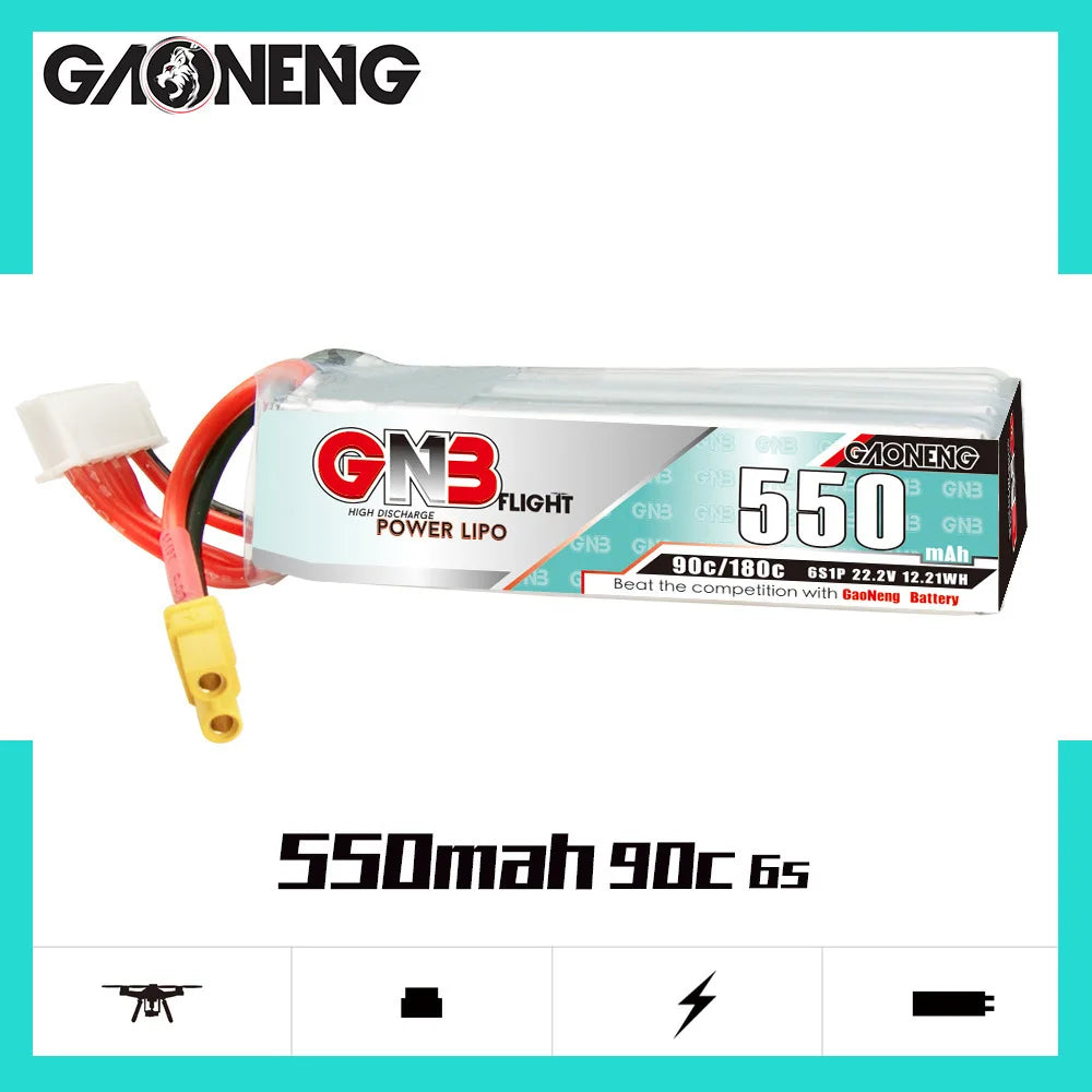 GNB 2S-11V LiPo Battery, GaoNeng 2S-11V LiPo battery: high discharge flight power, 550mAh, 80C, 6S1P, 22.2V, 12Wh.