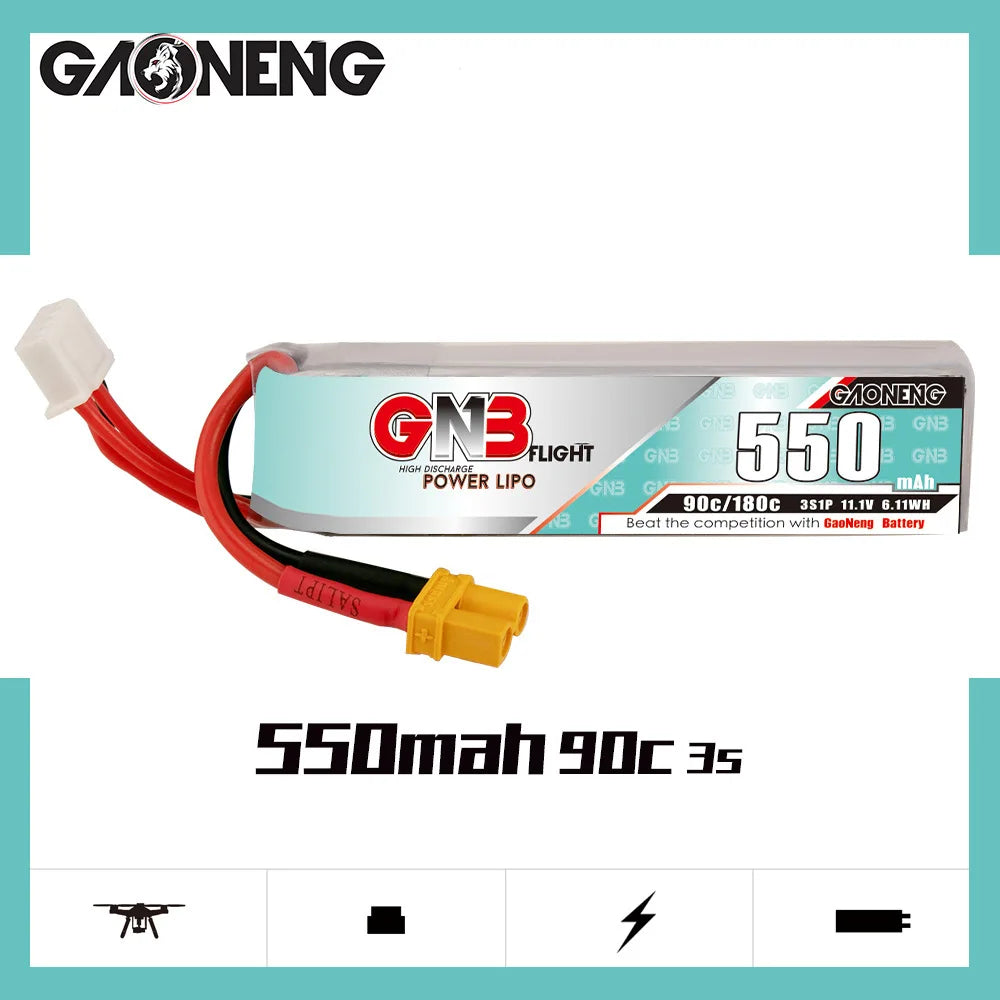 GNB 2S-11V LiPo Battery, Gaoneng 2S-11V LiPo battery features high discharge power, 550mAh capacity, and 9C/180C rate for improved performance.