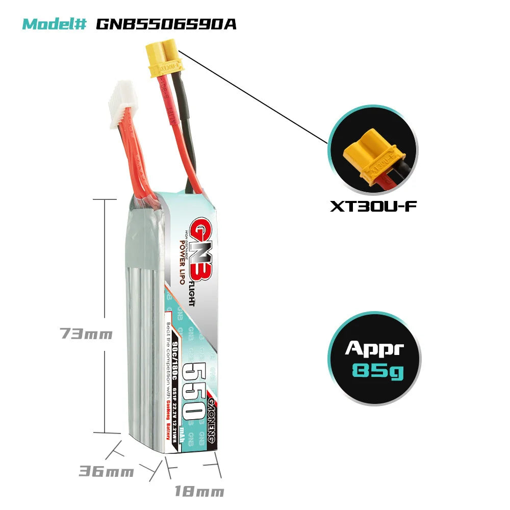 GNB 2S-11V LiPo Battery, Teranty lithium battery specifications for helicopters and remote control toys with CE certification.