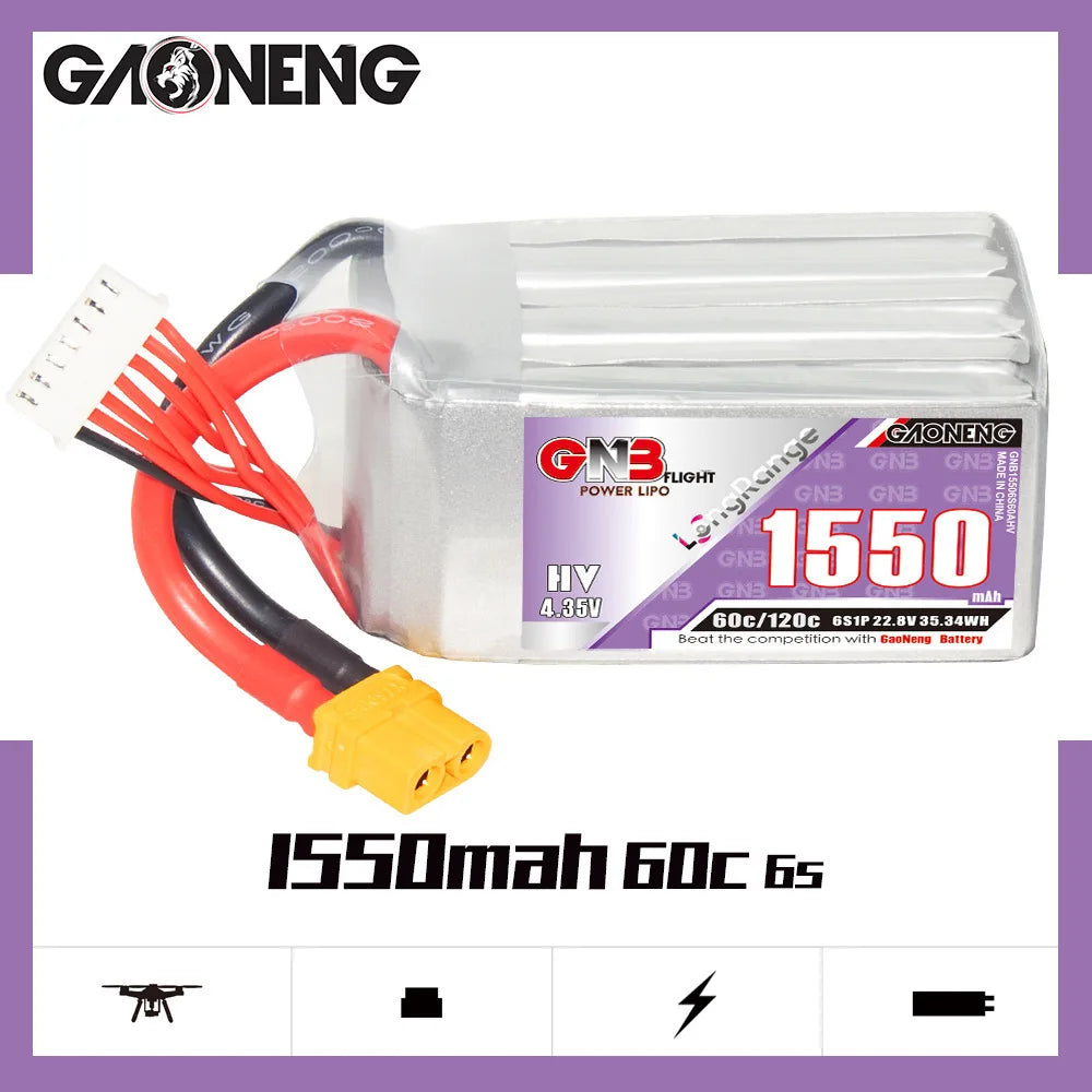 GNB 2S-4S HV LiPo, GaoNeng LiPo battery with 22.8V nominal voltage, 3500mAh capacity, and 100A max discharge current.