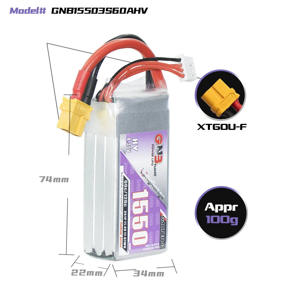 GNB 2S-4S HV LiPo, GNB high-voltage lithium polymer battery model with 3.5Ah capacity and approximately 7 hours of runtime at 1C discharge rate.