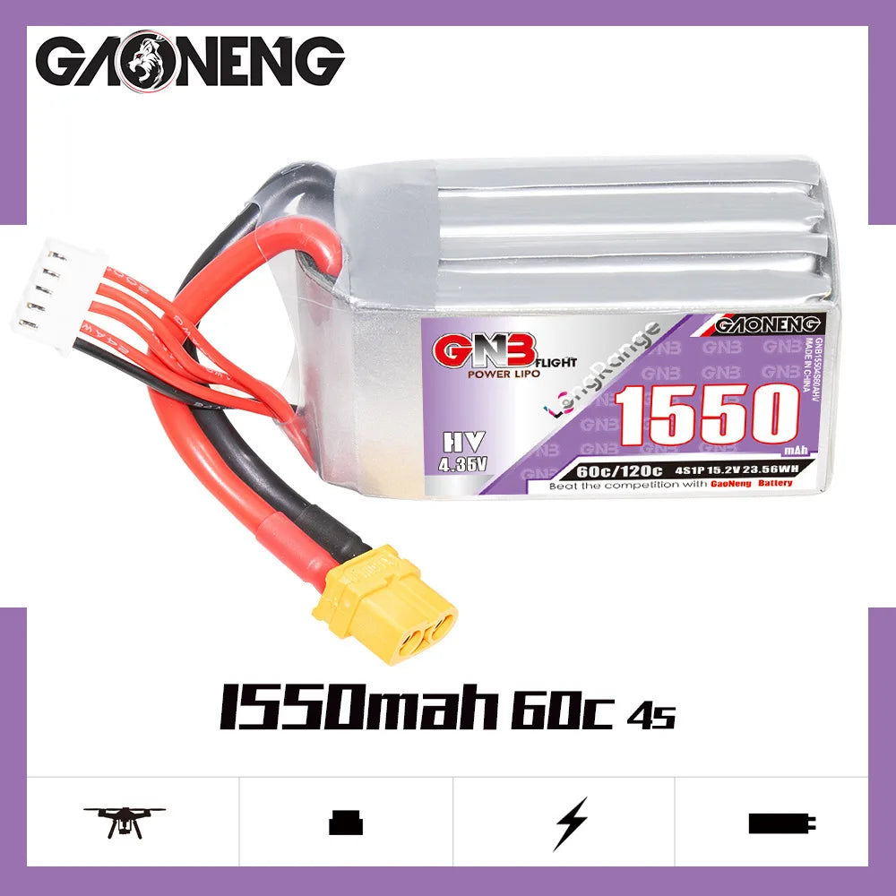 GNB 2S-4S HV LiPo, GNB 2S-4S high-voltage lithium polymer battery with 1550mAh capacity and 43x23.5mm size, suitable for 9V flight power systems.