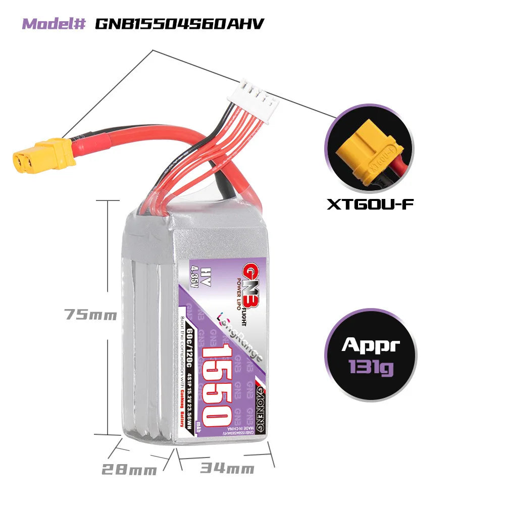 GNB 2S-4S HV LiPo battery pack with model GNBISSD4S6DAHV, size 83.1mm x 75mm x 28mm, and weight 1310g.