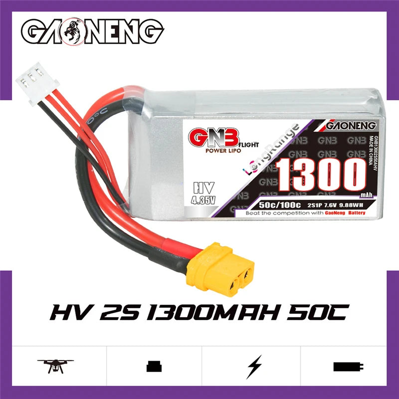 GNB 2S/3S/4S/6S 1300mAh 50C Lipo Battery, A high-performance lithium polymer battery designed for FPV racing drones, featuring 1300mAh capacity and 50C discharge rate.