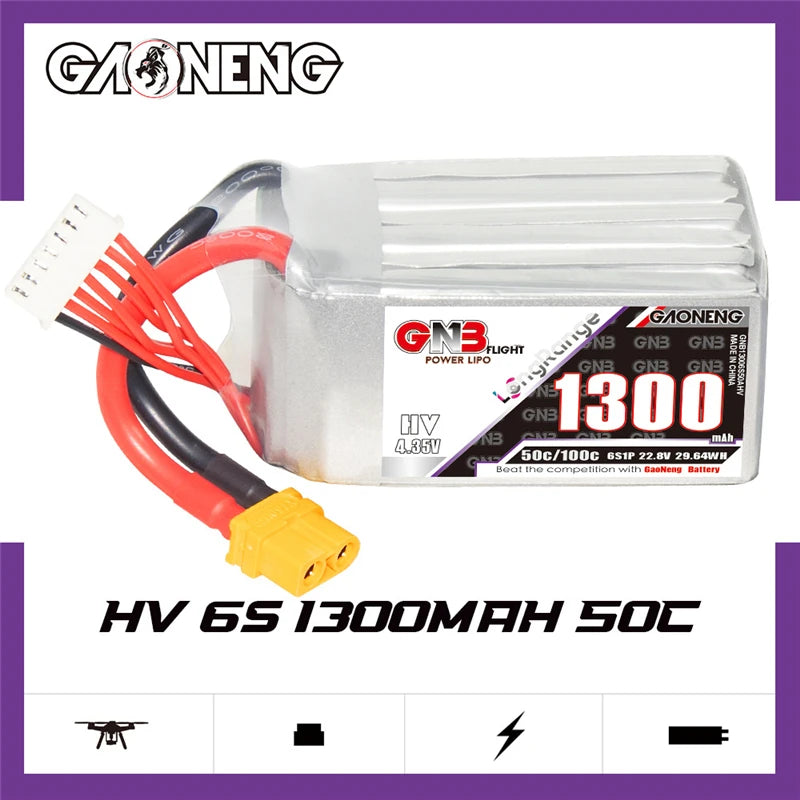 GNB 2S/3S/4S/6S 1300mAh 50C Lipo Battery, GaoNeng GNB battery provides high-performance power supply for FPV racing drones with XT60 plug and 22.8V, 20A maximum continuous discharge.