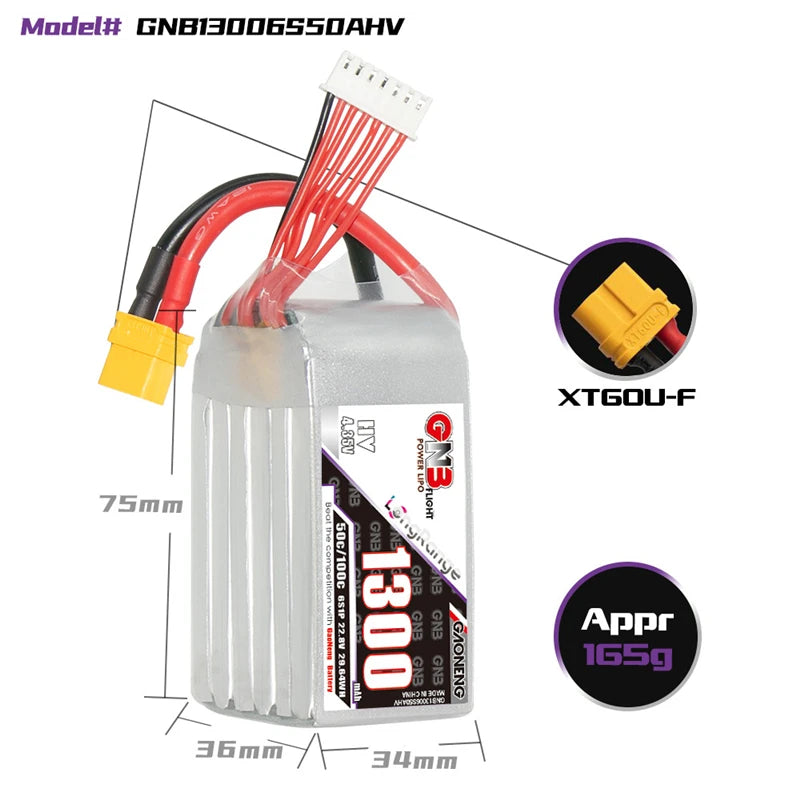 GNB 2S/3S/4S/6S 1300mAh 50C Lipo Battery, A Teranty lithium battery designed for mainland China with CE certification, suitable for helicopters and remote control toys.