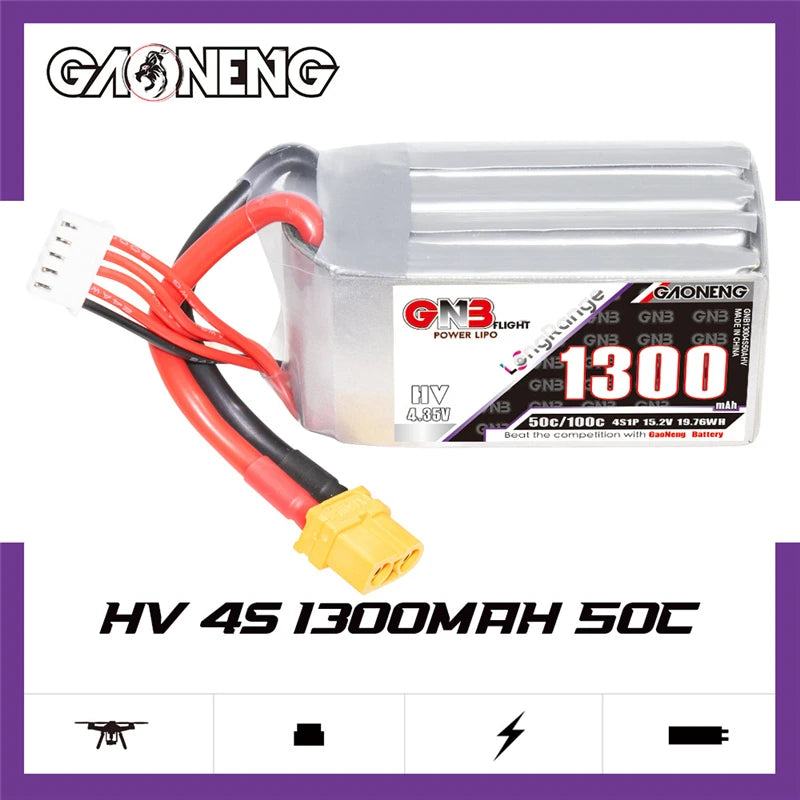 GNB 2S/3S/4S/6S 1300mAh 50C Lipo Battery, GNB lithium-ion battery for FPV racing drones, featuring 2S/3S/4S/6S configuration and 1300mAh capacity.