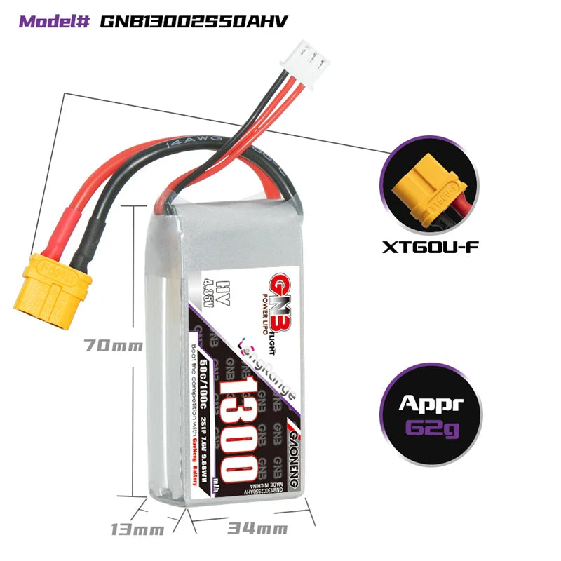 GNB 2S/3S/4S/6S 1300mAh 50C Lipo Battery, The Teranty GNB Battery is a lithium-powered component for helicopters and remote control toys, suitable for ages 14+