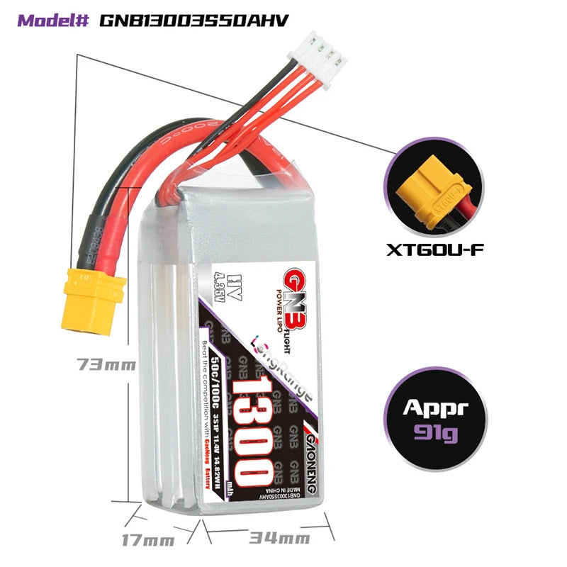 GNB 2S/3S/4S/6S 1300mAh 50C Lipo Battery, Teranty lithium battery specifications for helicopters and remote control toys.