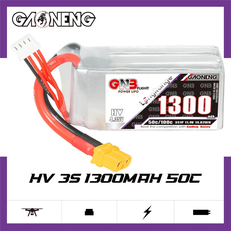 GNB 2S/3S/4S/6S 1300mAh 50C Lipo Battery, The GN Power Lipo Battery is suitable for GN3 Flight N3, featuring 1300mAh capacity and 50C discharge rate with an XT60 plug.