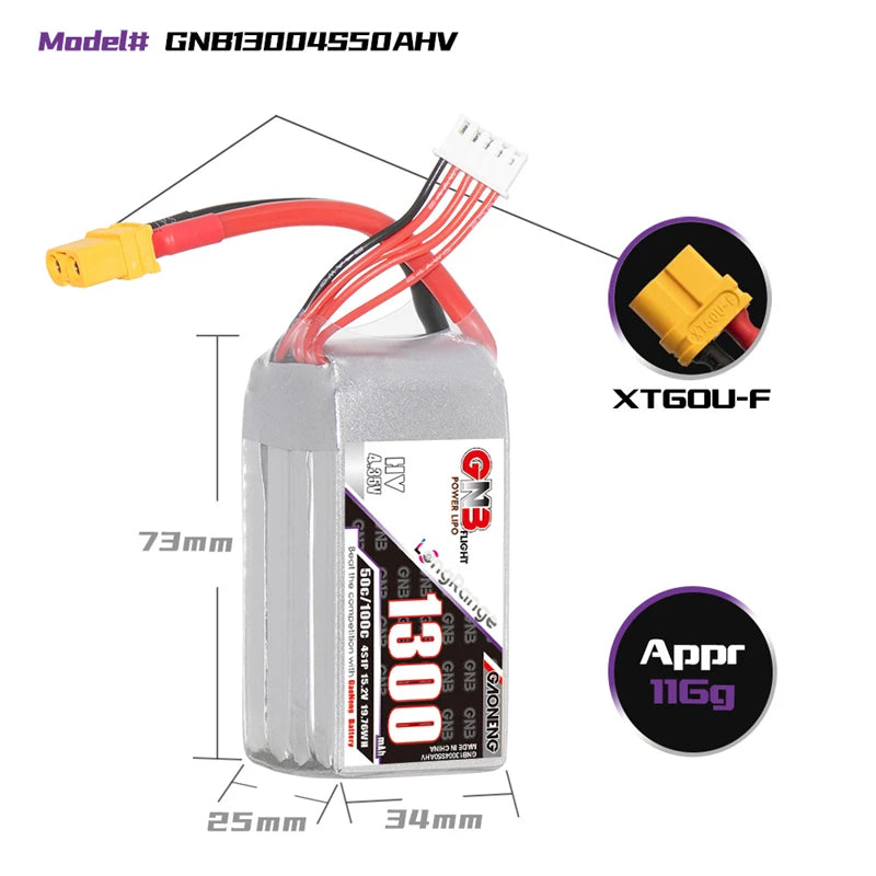 GNB 2S/3S/4S/6S 1300mAh 50C Lipo Battery, Teranty lithium battery specifications for helicopters and remote control toys, suitable for ages 14+, CE certified.