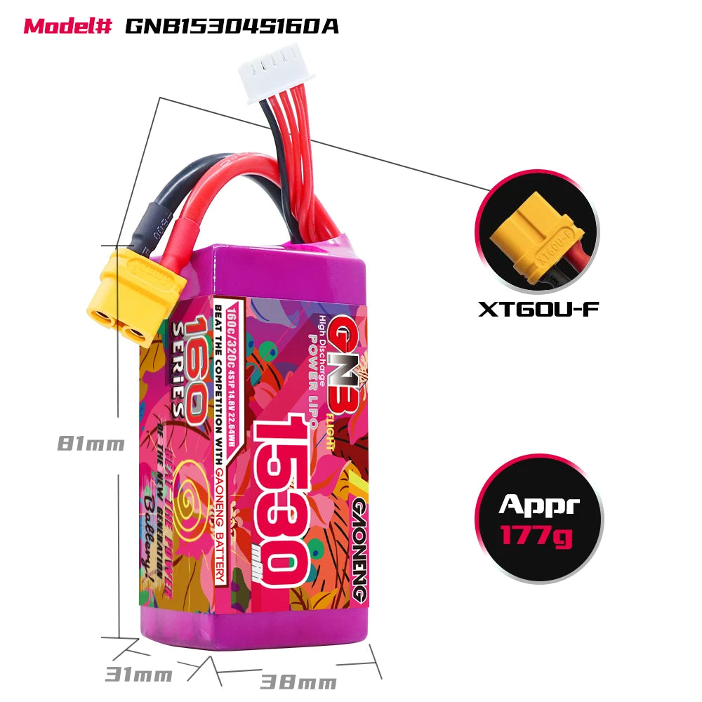 GNB15304S160A (3).jpg GNB 4S 14.8V 1530mAh 160C/320C Lipo Battery, Device compatibility depends on matching voltage, dimensions, and plugs.