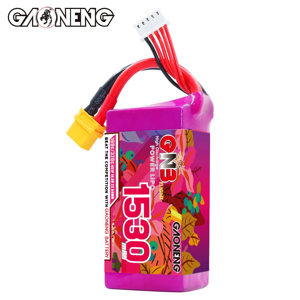 GNB 4S 14.8V 1530mAh 160C/320C Lipo Battery, The product features lightweight design, compact size, long-lasting battery, and high power density, making it efficient and portable.