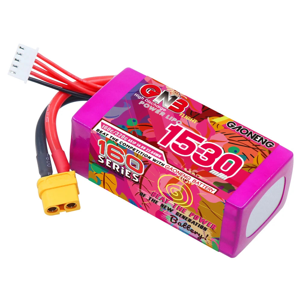 GNB 4S 14.8V 1530mAh 160C/320C LiPo battery for RC FPV drone with high discharge power and new generation design.