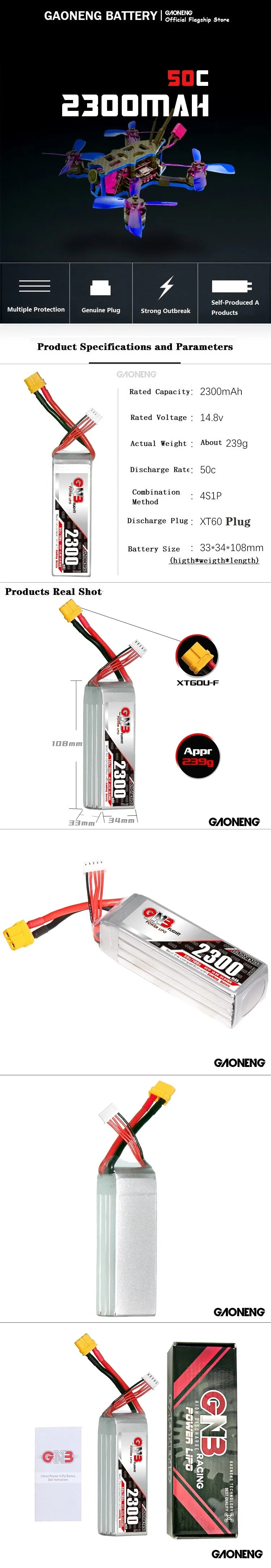 GNB 4S 14.8V 2300mAh 50C/100C LiPo Battery, GAONENG Battery features 2300mAh capacity, 14.8V voltage, and 50C/100C discharge rate, with XT60 plug and dimensions of 33x34x108mm.