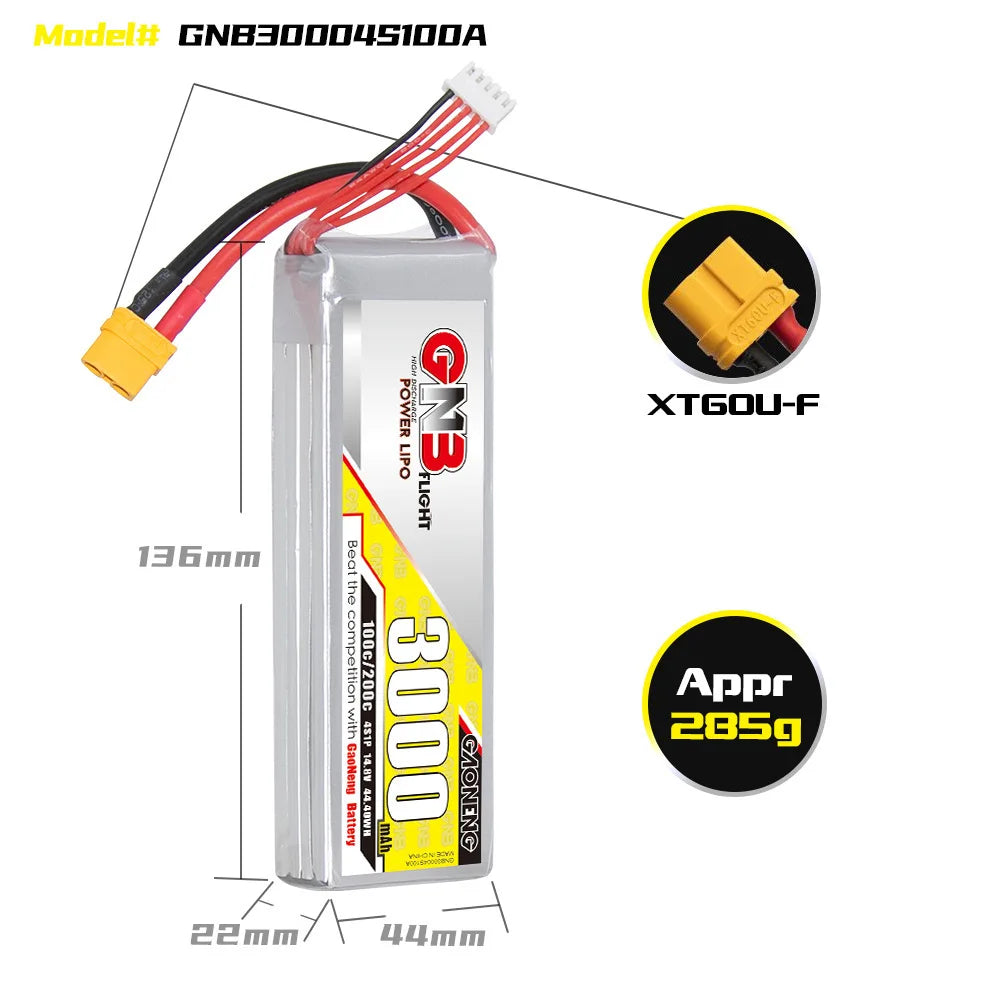 GNB 4S 14.8V Drone Battery, The battery has a compact and lightweight design, weighing 285g and measuring 136mm x 44mm x 22mm, making it suitable for various RC models.