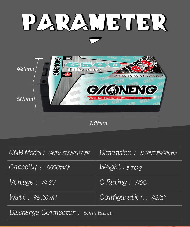 GNB 4S Drone Battery, The GNB 4S 14.8V battery has a capacity of 6500mAh and features high discharge rate, with a 5mm connector and hardcase design.