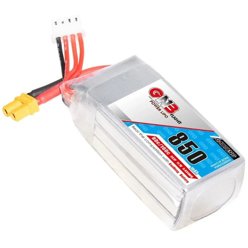 2ef6c91c199c82860dca05046e19fa4e_S97f0c216a90e42009bf1eff9f39602a2n.jpg GNB 4S 14.8V 850mAh 80C/160C Lipo Battery, GNB 4S battery for FPV racing drone, 14.8V, 850mAh, 80C/160C capacity.