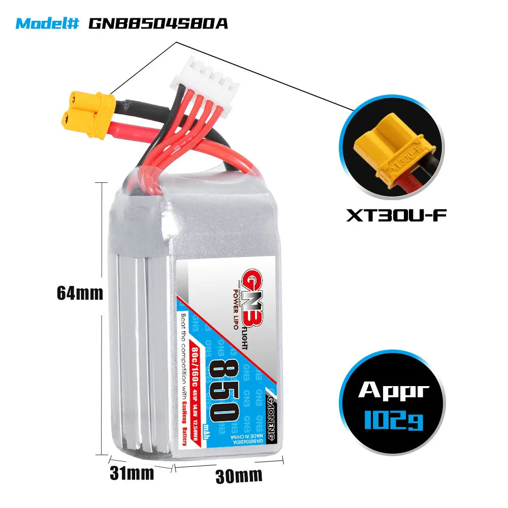 The GNB 4S 14.8V 850mAh 80C/160C Lipo Battery is a high-performance battery for FPV racing drones.