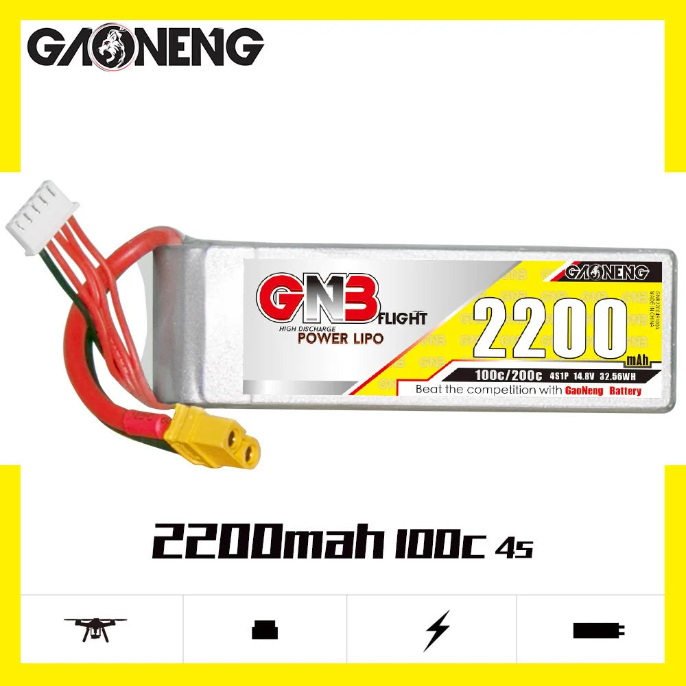 GNB 4S 14.8v 2200mAh 100C/200C Lipo Drone Battery, A high-capacity LiPo drone battery featuring 14.8V voltage and 32.56Wh energy density for long flight times and rapid power delivery.