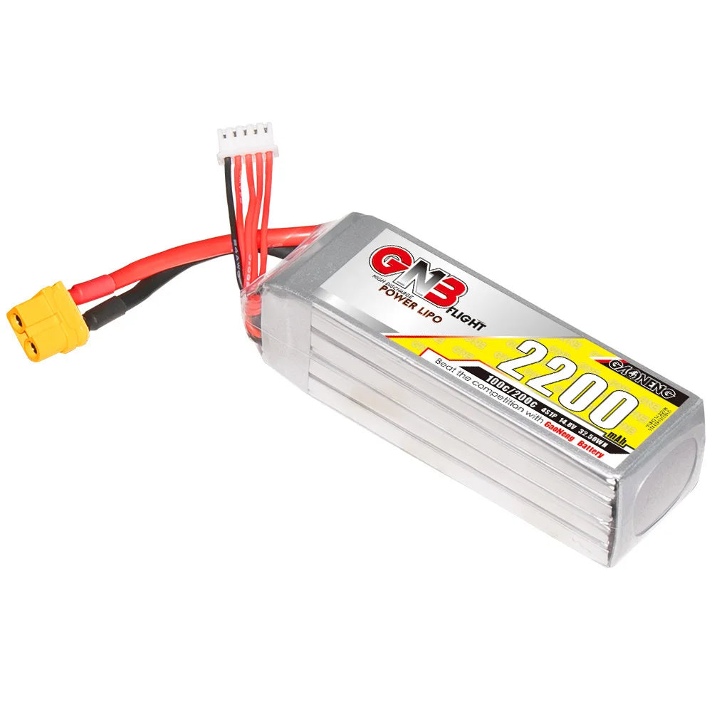 GNB 4S 14.8v 2200mAh 100C/200C Lipo Drone Battery, High-performance GNB 4S battery with 14.8V voltage, 2200mAh capacity, and 100C to 200C discharge rate.