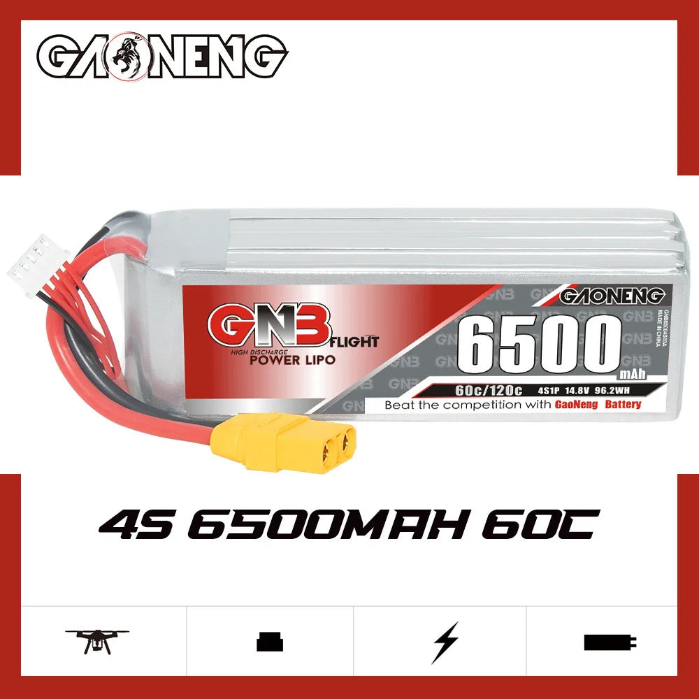 GNB 4S 6S Lipo Battery, GNB Li-Po battery for FPV Drone with specifications: 4S, 6S, 14.8V, 22.2V, and 6500mAh capacity.