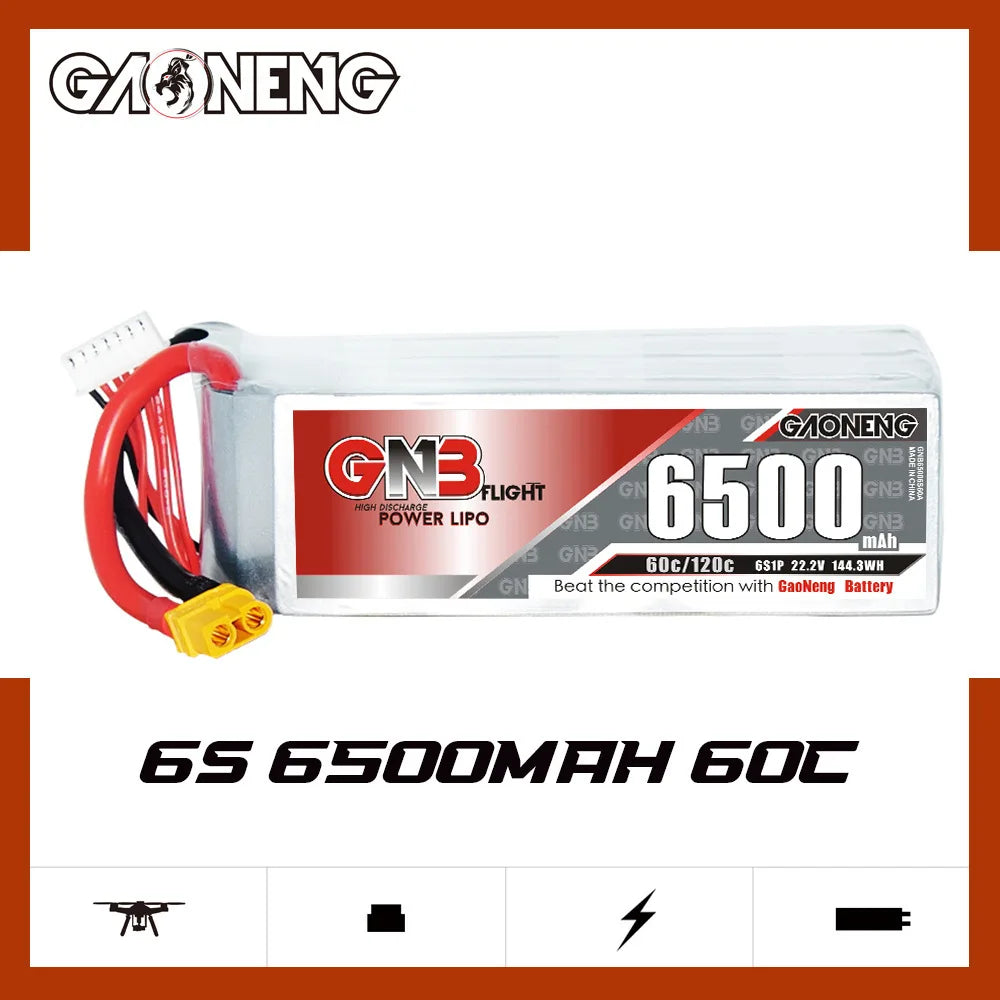 GNB 4S 6S Lipo battery for FPV drones, featuring 14.8V/22.2V options, 6500mAh capacity and high discharge rates.