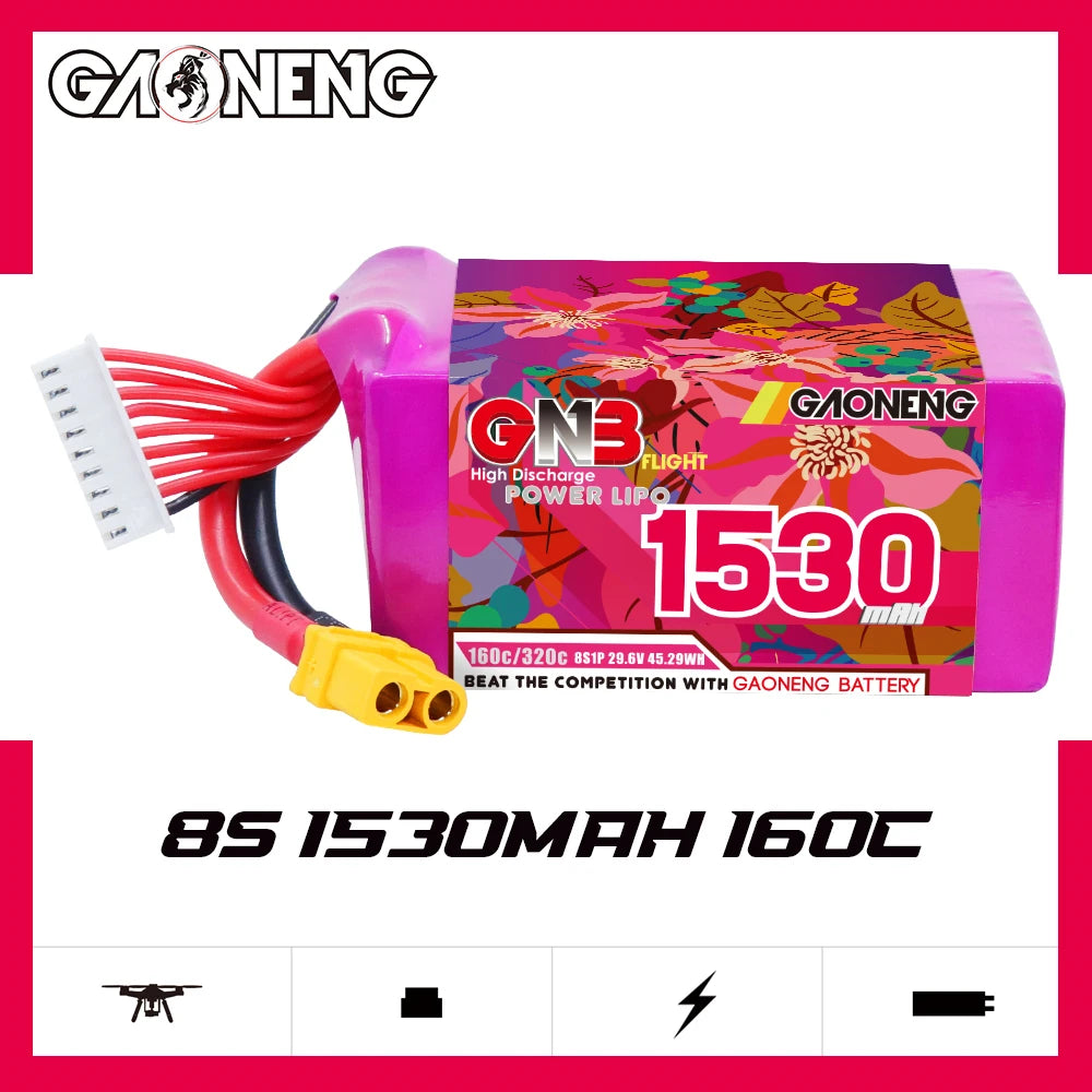 GNB 6S Drone Battery, GNB 4S lipo drone battery with high capacity and XT60 plug for aerial use.