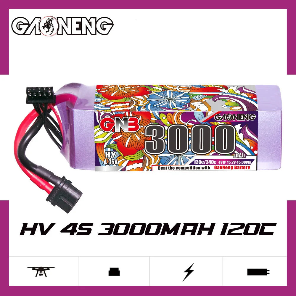 GNB 4S drone battery with XT60/XT90 connectors, 15.2V and 3000mAh capacity, and 120C/240C discharge rate.