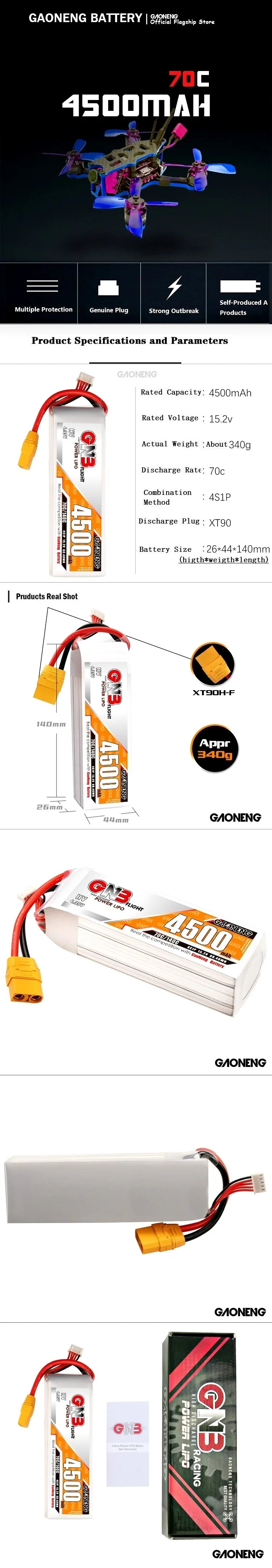 O1CN01cVpm712Gi2LoHi76I_!!3598899048-0-cib.jpg GNB 4S Lipo Drone Battery, GAONENG Battery specifications include rated capacity of 4500mAh, rated voltage of 15.2V, and dimensions of 26*44+140mm.