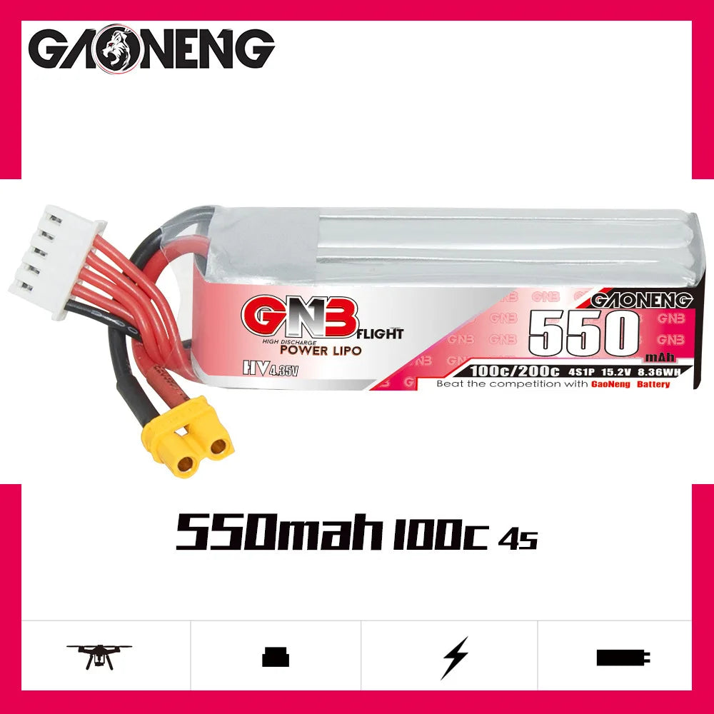 GNB 4S 15.2V Lipo Drone Battery, A high-performance drone battery with a capacity of 15.2V and 550mAh, suitable for GaoNeng 4S HV systems.