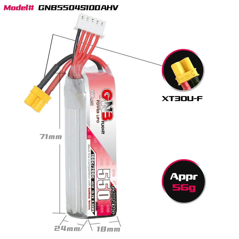 GNB 4S 15.2V Lipo Drone Battery, GNB 4S lithium polymer battery with XT30 connector, 550mAh capacity, 100C-200C discharge rate, designed for drones and aerial apps.