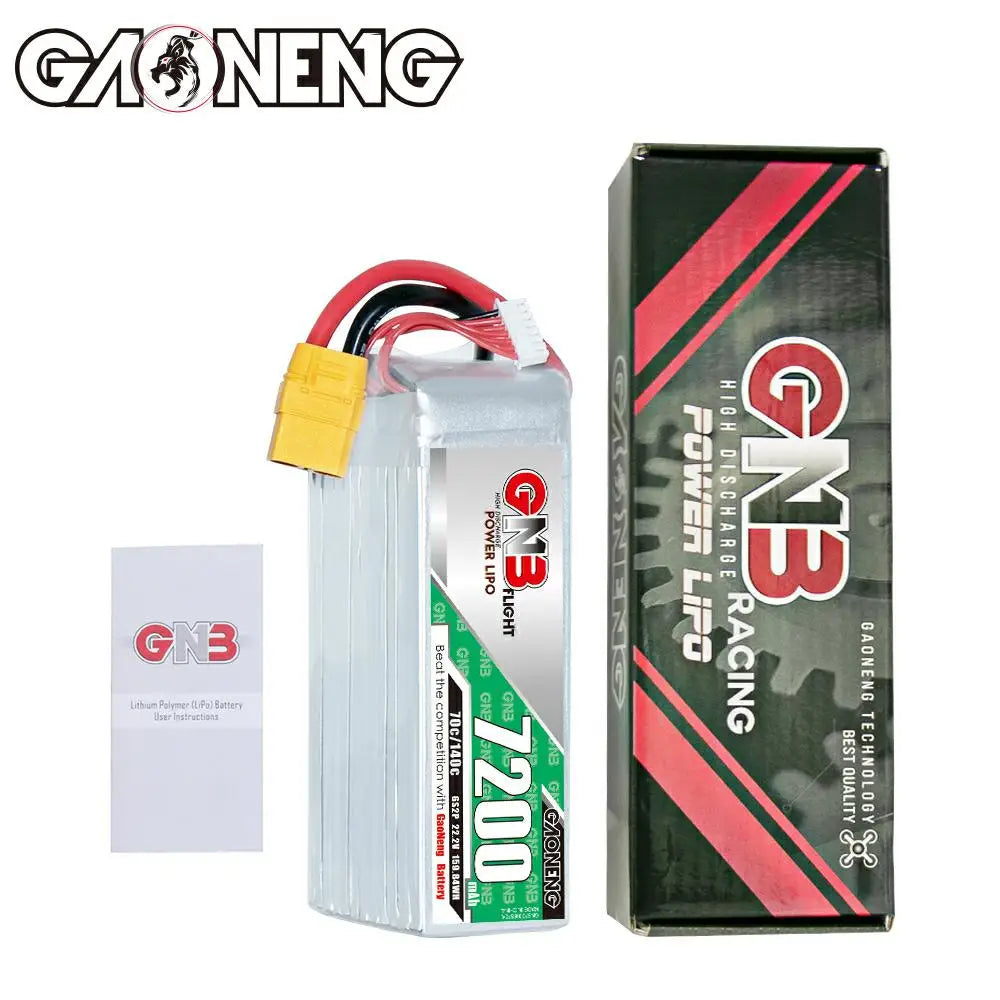 The GNB 6S 22.2V 7200mAh 70C Lipo Drone Battery provides high-performance power for various RC applications, including fixed-wing aircraft and multi-rotors.