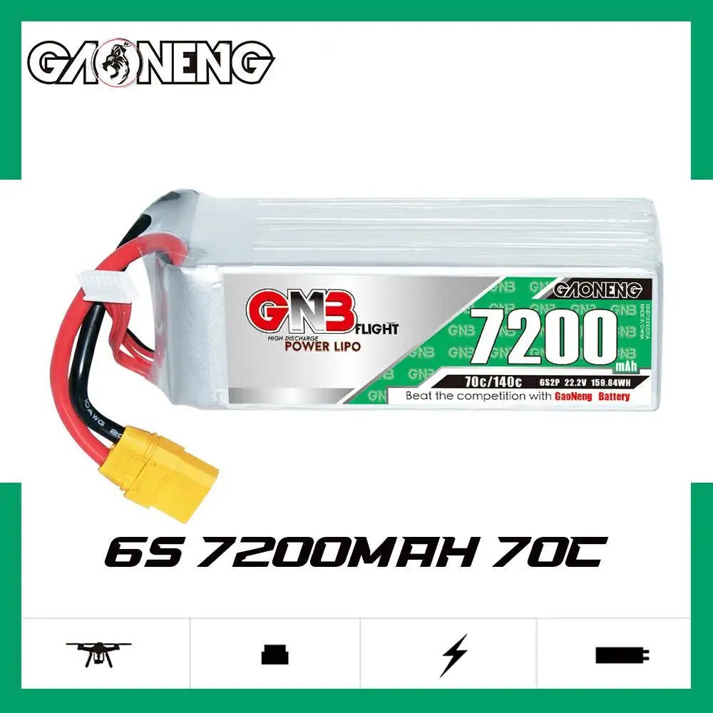 GNB 6S 22.2V 7200mAh 70C Lipo Drone Battery, GaoNeng GNb 6S battery features high performance, long cycle life, and reliability for demanding drone applications with XT60 and XT90 connectors.