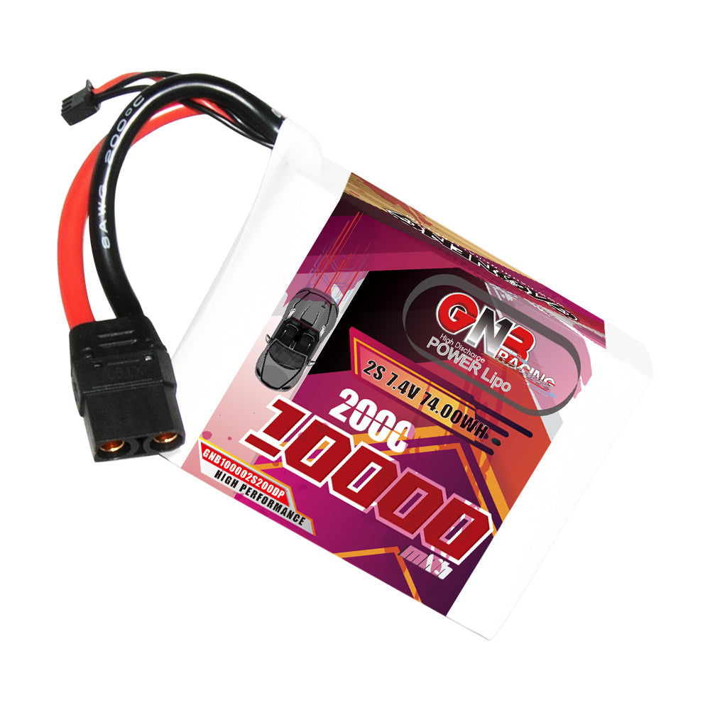GAONENG GNB 2S 7.4V 10000mAh 200C LiPo battery with XT90 plug and balance lead, angled view