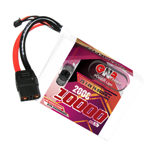 GAONENG GNB 2S 7.4V 10000mAh 200C LiPo battery with XT90 plug and balance lead, angled view